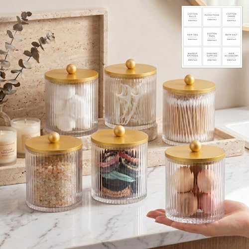 6 Pcs Plastic Holder Dispenser Bathroom Jars with Bamboo Lids, Golden