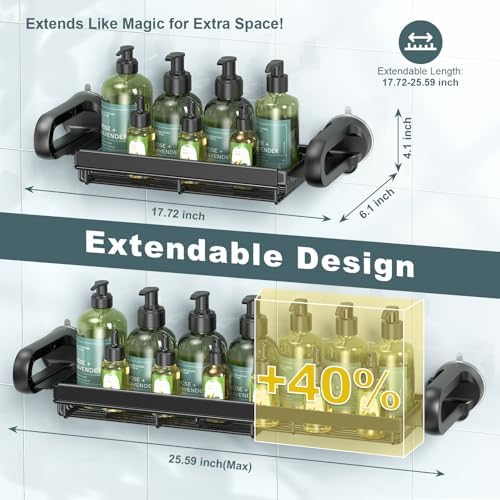 JOTPE Expandable Shower Caddy, No-Drill Suction Shower Shelf, Black