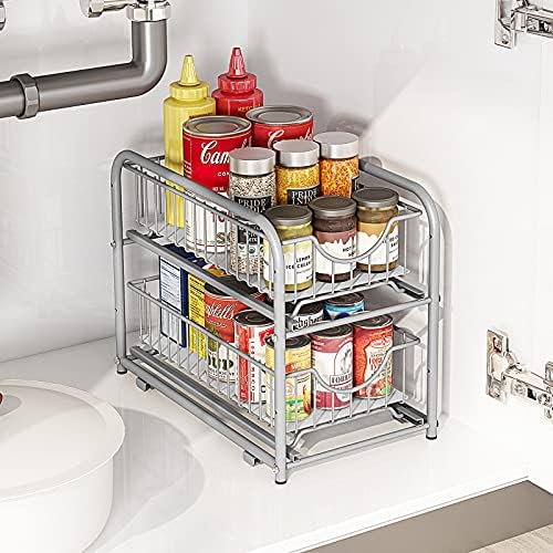 2-Tier Pull Out Organizer Under Sink Sliding Cabinet Rack,Sliver