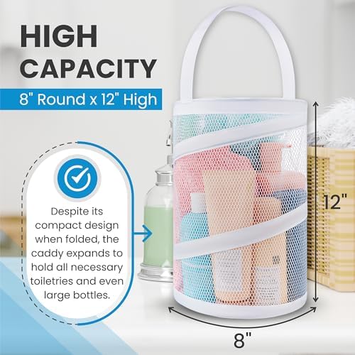 Handy Laundry Portable Shower Caddy – Foldable Mesh Organizer with Handle, Quick Dry, Large Compartments, Drainage Hole, Ideal for Dorm, College, Gym, Travel, Camp – White