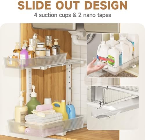ETOYA 2 Pack Under Sink Organizer Kitchen, 2-Tier Pull Out Cabinet Organizer, L-Shaped Adjustable Height, Acrylic Under Sink Storage Shelf for Kitchen, Bathroom Vanity & Utility Closet