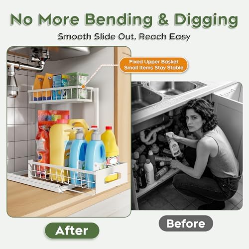 Under Sink Organizer, 1-Pack L-Shaped Metal Pull-Out Drawers for Kitchen