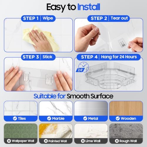 Corner Shower Caddy, Rustproof Shower Organizer with Soap Holder and 8 Hooks, No Drilling Adhesive Shower Shelves for Inside Shower, Large Capacity Shower Rack for Bathroom Shower Storage, Sliver