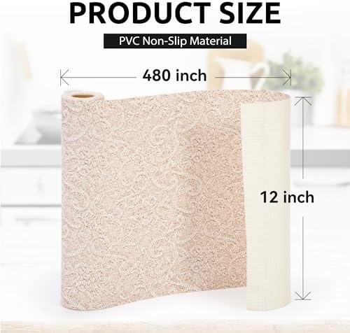 12X480 Inch Shelf Liner with Scissor & Tape Measure for Kitchen Cabinets, PVC Drawer Liner for Dresser Non-Slip Bathroom, Non-Adhesive Cabinet Liner Washable (Chocolate Cream Color)