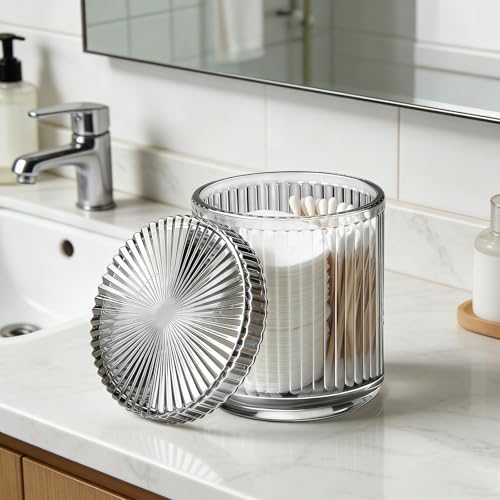 2 Pack Ribbed Glass Qtip Holder with Lid, Gray