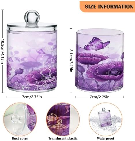 ALAZA Beautiful Art Poppy Flower Butterfly 2 Pack Qtip Holder Dispenser for Cotton Swabs, Balls, Pads, Floss 10 oz Plastic Canister Organizer