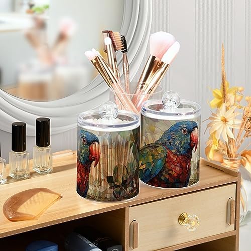 Vnurnrn Bathroom Jars with Lid Set Vintage Parrot Tree Print, Plastic Vanity Canisters Storage Organizer for Cotton Balls Swabs Pads Salts 2 Pack