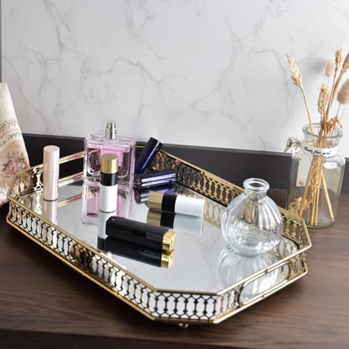 Bar Cart Tray Glass and Gold Tray，Mirrored Tray for Cologne, Perfume and Gold Vanity Tray- Decorative Mirrored Vanity Tray with Cutout Design, Glass Base, Metal Jewelry Organizer