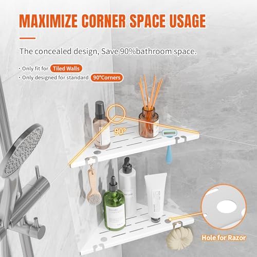 Corner Shower Shelves with Razor Hole & Hooks, Modern Sturdy Shower Shelves
