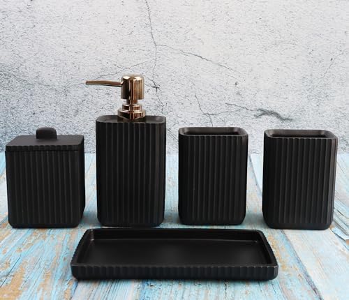 Hymmah Black Bathroom Accessories Set,Unique Design Bathroom Set 5 Pcs Resin Gift Set Apartment Necessities, Contain Cotton Swab Jar,Soap Dispenser,Soap Dish/Tray,Tumbler