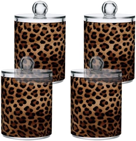 2 Pack Apothecary Jars Bathroom Leopard Print Qtip Holder Dispenser Clear Plastic Storage Canister Jar with Lid for Cotton Ball, Cotton Swab