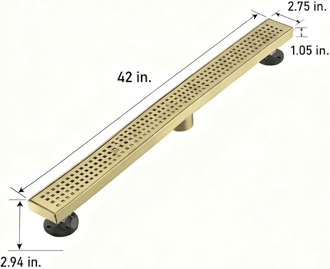 AVSIILE Linear Shower Floor Drain, Brushed Gold 42 Inch 304 Stainless Steel Bathroom Drains Kit, Long Rectangular Shower Trench Drain with Square Pattern Drain Cover & Hair Catcher
