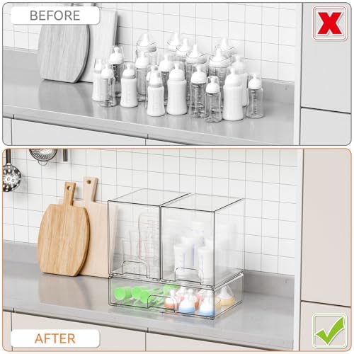 Yieach 3 Set Baby Bottle Organizer for Countertop,BPA Free Bottle Station Organizer for Breast Pump Parts,Pacifier and Baby Accessories,Clear Stackable Storage Drawers and Home Edit Storage Containers
