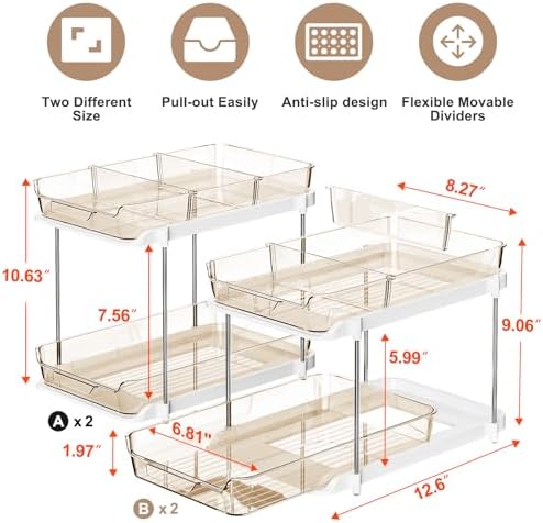Delamu 2-Tier Multi-Purpose Bathroom Under Sink Organizers and Storage, Stackable Kitchen Pantry Organization, Pull Out Medicine Cabinet Organizer with Movable Dividers, Amber, 4 Pack