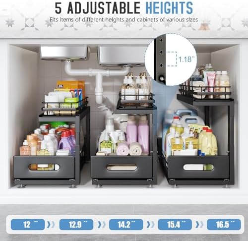 Under Sink Organizer Upgrade To Professional Rails,2-Tier Dual Pull Out Cabinet Storage,Height Adjustable Slide Out Drawers For Bathroom Kitchen,2 Pack-21"Dx12.8"-16.9"H,Black