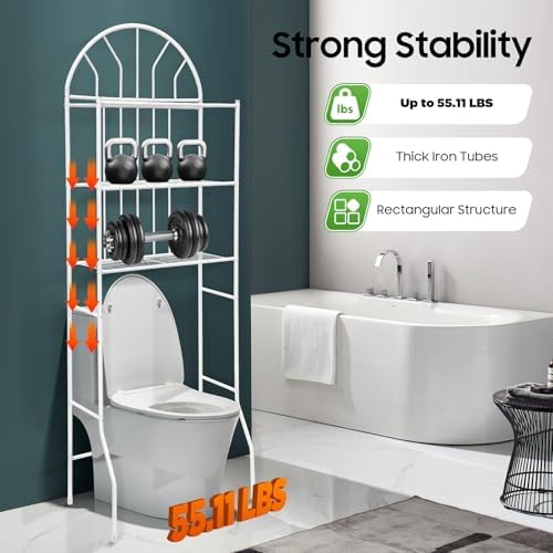 3-Tier Over Toilet Storage Shelf, Freestanding Bathroom Shelves Organizer with Hooks and Toilet Paper Holder, White Freestanding Metal Rack for Toiletries & Towels