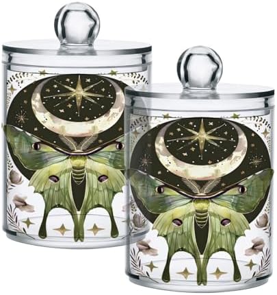 2 Pack Qtip Holder Dispenser for Cotton Ball Luna Moth Moon Swab Round Pads Clear Plastic Acrylic Jar Set Bathroom Canister