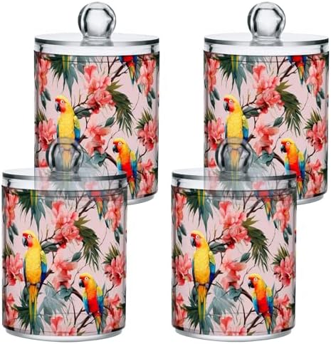 4 Pack Qtip Holder Dispenser with Lids, Parrot Tropical Flower Plastic Storage Containers,Bathroom Canisters Organizer for Cotton Ball, Cotton Swab, Cotton Round Pads, Floss 21216100