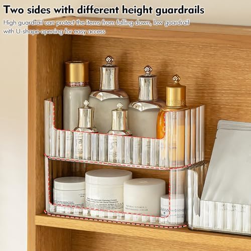 Poeland 2 Pack Stackable Makeup Organizer Tray, Transparent Cosmetic Display Case with 2 Lipstick Cases and 2 Cotton Swab Pad Boxes, Medicine Cabinet Shelves Organizer