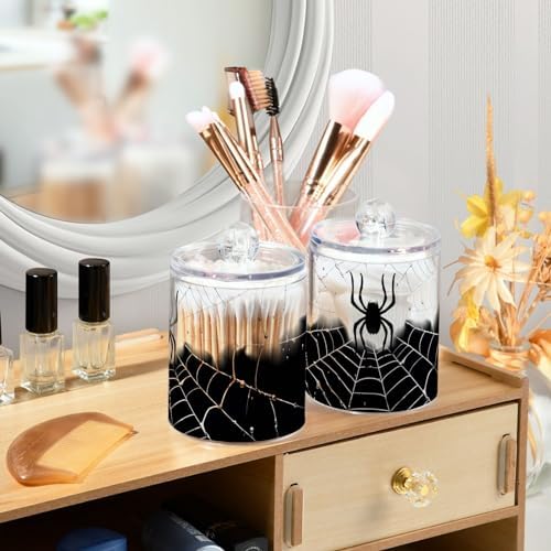 4 Pack Qtip Holder Dispenser with Lids, Halloween Spiderweb Plastic Storage Containers,Bathroom Canisters Organizer for Cotton Ball, Cotton Swab, Cotton Round Pads, Floss 21214424