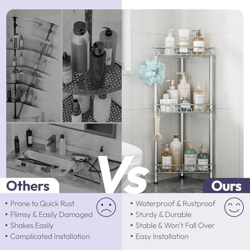 SWTYMIKI Standing Shower Caddy Corner - 3‑Tier Stainless Steel Shower Organizer Shelf with 12 Hooks and Adhesive Pads, Rustproof Corner Shelves Stand Rack for Bathroom Shower Room, Silver