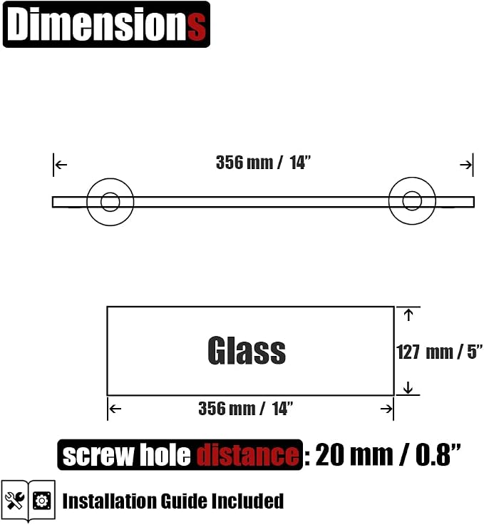 JQK Bathroom Glass Shelf, Tempered Glass Shower Storage 14 by 5 inches, 304 Stainless Steel Brushed Finish Wall Mount, TGS101L14-BN