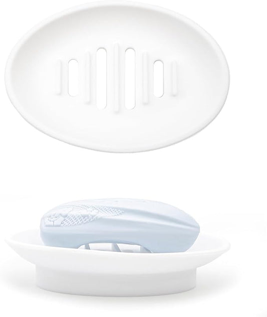 2 Pack Soap Dish for Shower, Non-Slip Silicone Bar of Soap Holder with Efficient Drainage Holes, Oval Shape White Soap Dishes for Bathroom Sink, Shower Niche/Shelf, Bathtub, Kitchen Counter