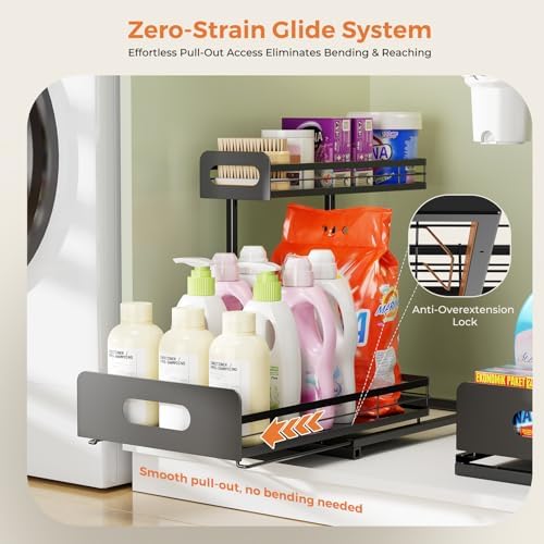 Delamu 2 Pack Metal Bathroom Organizers and Storage, 2 Tier Pull Out Under Sink Organizer for Kitchen Bathroom, Adjustable Under Sink Shelf for Multipurpose Cabinet Organizer, Black