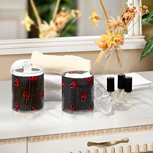 Fustylead 2 Pack Red Ladybugs Qtip Holder Dispensers, Bathroom Storage Canister Plastic Apothecary Jar Set for Cotton Swabs, Ball, Pads, Floss