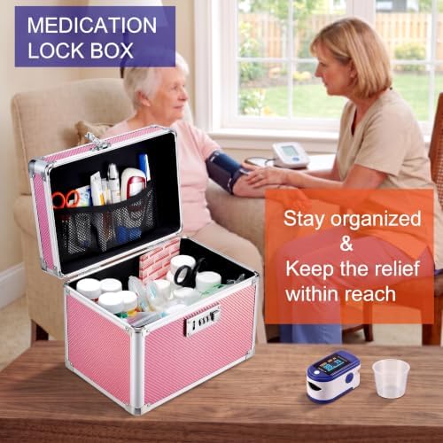 Medicine Lock Box with 3-Digit Combination Lock – Pink Lockable Storage Box for Medication, Small Lock Box for Valuables, 10"x7"x7.9" Locking Medicine Box for Home Travel Dorm