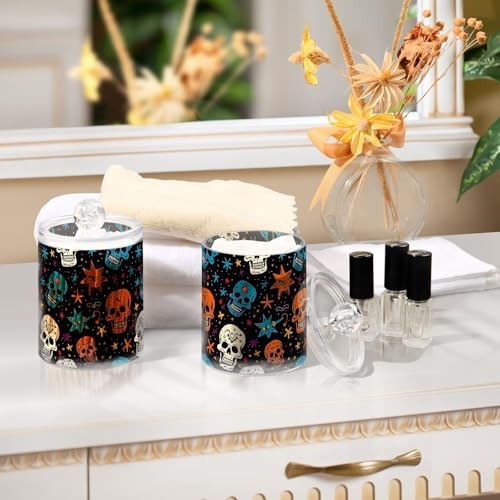 4 Pack Colorful Skulls with Stars Qtip Dispenser 10 Oz Apothecary Jars with Lids Bathroom Canister for Cotton Ball, Swab, Floss, Makeup Sponges, Hair Clip