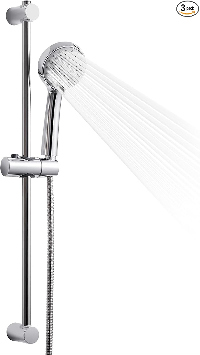 OFFO Shower Slide Bar Combo, Adjustable 21 in Slide Bar with 3-Mode Round Handheld Shower Head and 60 in Stainless Steel Hose, Screw Wall Mounted, Chrome Finish