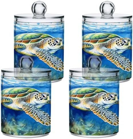 MNSRUU 2 Pack Qtip Holder Organizer Dispenser Watercolor Turtle Blue Bathroom Storage Canister Cotton Ball Holder Bathroom Containers for Cotton Swabs/Pads/Floss