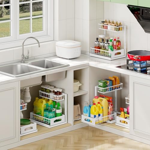 Under Sink Organizer, 2-Pack L-Shaped Metal Pull-Out Drawers for Kitchen