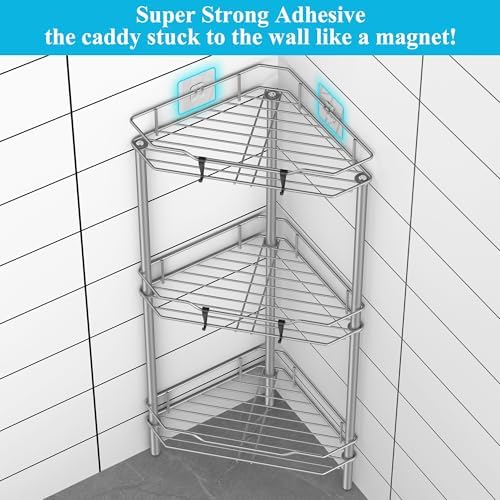 HuggieGems Metal Floor Standing Corner Shower Caddy, Gray, 3 Tier