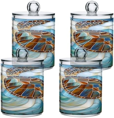 ALAZA Sea Turtle Abstract 2 Pack Qtip Holder Dispenser for Cotton Swabs, Balls, Pads, Floss 10 oz Plastic Canister Organizer