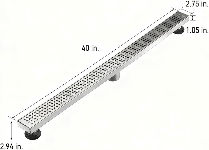 AVSIILE Linear Shower Floor Drain, Brushed Nickel 40 Inch 304 Stainless Steel Bathroom Drains Kit, Long Rectangular Shower Trench Drain with Square Pattern Drain Cover & Hair Catcher