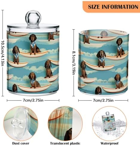 4 Pack Dachshunds on Surfboards Qtip Dispenser 10 Oz Clear Apothecary Plastic Jars Bathroom Canister for Cotton Pads, Cotton Ball, Cotton Swabs, Floss Picks