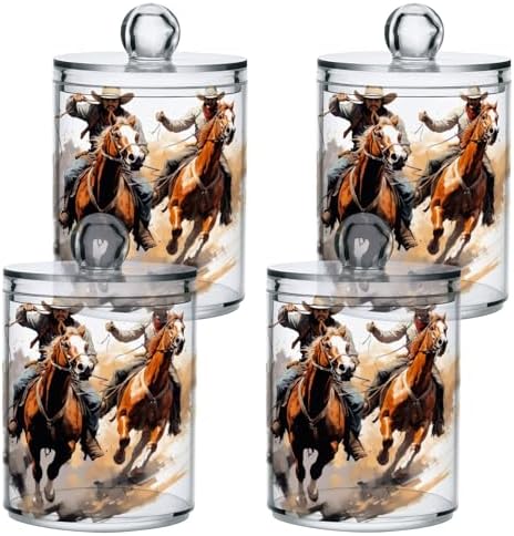 Western Cowboy Portrait Qtip Holder 2 Pack - 10 Oz Clear Plastic Apothecary Jar Set for Bathroom Organization - Versatile Canister Storage for Cotton Balls, Swabs, Rounds