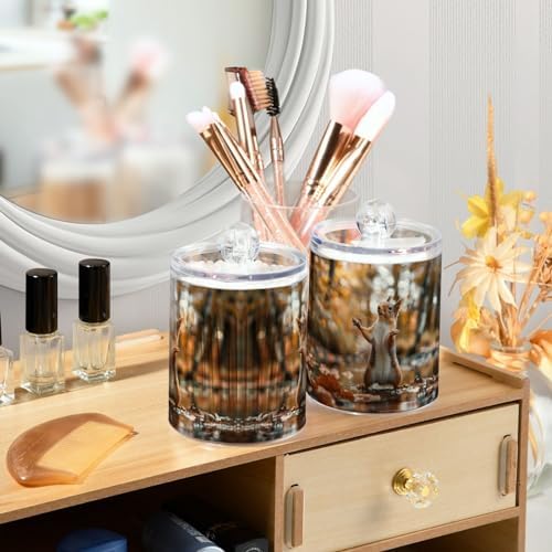 Dancing Squirrel Pattern Qtip Holder 2 Pack - 10 Oz Clear Plastic Apothecary Jar Set for Bathroom Organization - Versatile Canister Storage for Cotton Balls, Swabs, Rounds