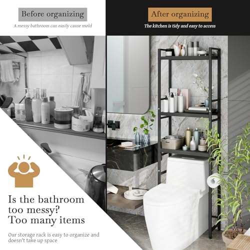 Above Toilet Storage Rack, 3-Tier Over The Toilet Shelf Organizer with Adjustable Height, Freestanding Bathroom Space Saver for Towels & Essentials (Black-2)