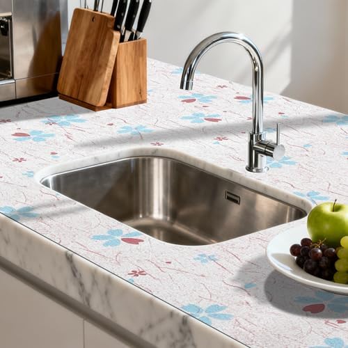 FIFTY FEET 18"x96" Non-Adhesive Shelf Liner for Kitchen Cabinets and Drawers, Washable Non-Slip PVC Cabinet Liner (Blue Floral)(1 Roll)