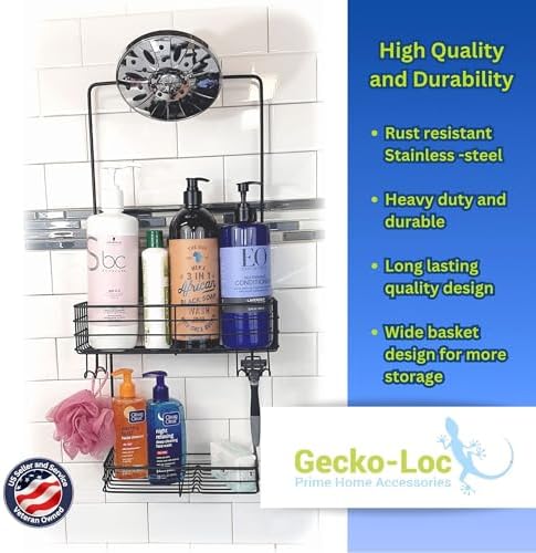 Gecko-Loc Extra Long Wide Adjustable Length over the showerhead hanging shower caddy organizer - for Shampoo, Soap, & Razors - Black