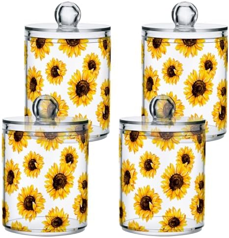 Sunflower 4 Pack Plastic Qtips Holder Bathroom Organizer Canisters for Cotton Balls/Swabs/Pads/Floss,Plastic Apothecary Jars for Vanity