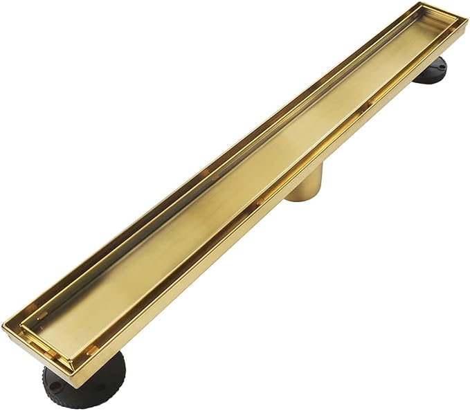 Neodrain 24-Inch Gold Linear Shower Drain, 2-in-1 Flat & Tile Insert Cover, Stainless Steel Linear Drain, Brushed Brass Rectangle Shower Floor Drain with Hair Strainer, Watermark&CUPC Certified