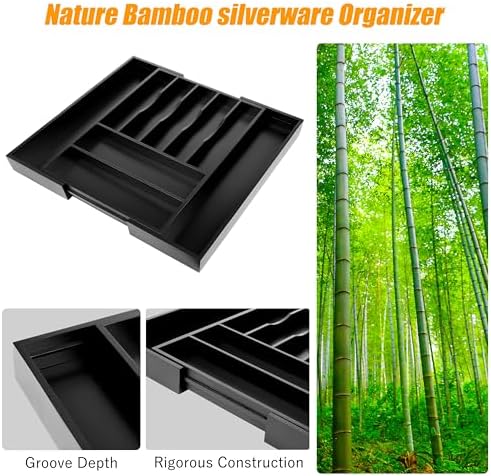 Bellsal Large Premium Bamboo Silverware Organizer - Expandable Utensil Drawer Organizer - 17"x19.6" Utensil Holder and Cutlery Tray with Grooved for Kitchen Flatware and Utensils(7-9 Slot, Black)