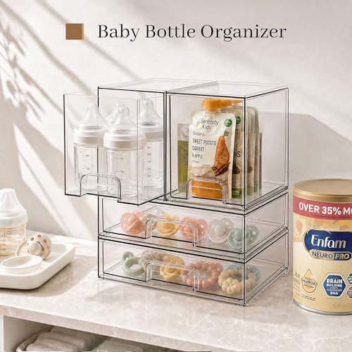TIPGO Clear Stackable Storage Drawers, Baby Bottle Organizer, Easily-Access Makeup Organizer, Durable Containers for Bathroom Countertop, Cabinet, Pantry and Medicine Organization