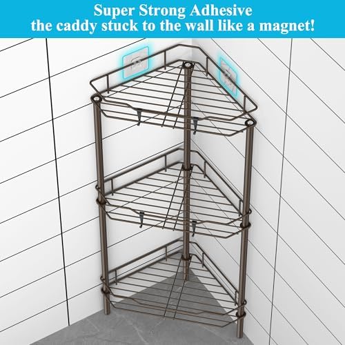 HuggieGems Metal Floor Standing Corner Shower Caddy, Bronze, 3 Tier