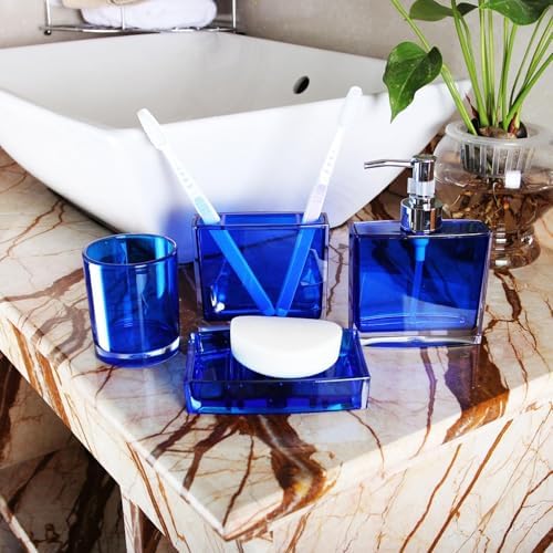 Bathroom Accessories Set, Acrylic Bathroom Accessory Set with Soap Dispenser,Soap Dish, Toothbrush Holder, Tumbler, Modern Bathroom Accessories Decor,Gift for Home (Blue-4)