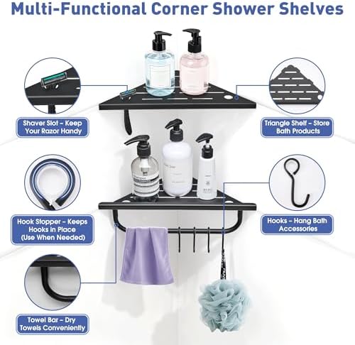 Corner Shower Shelf, 10'' Shower Corner Shelf with Towel Bar & Hooks, 304 Stainless Steel Recessed Bathroom Shelves, Grout in Bathroom Shower Shelf for Tiled Wall, 2-Pack (Matte Black)